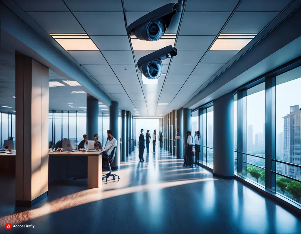 How Employee Safety and Remote Guarding Go Hand-in-hand Firefly-Hyper-realistic-CCTV-cameras-in-a-large-office-hallway-with-people-working-in-it.-Make-the-o-1-2048×1593
