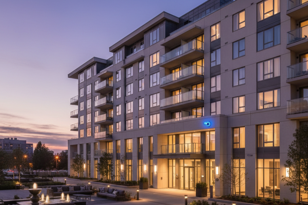 A well-lit, modern apartment building at night, representing effective residential property security and a safe community.