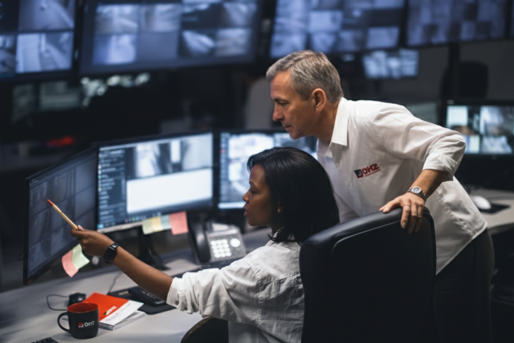 Professional security operators watching multiple surveillance screens at the OHZ remote guarding command center to ensure holiday security.